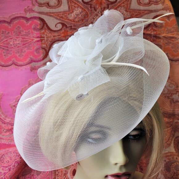 White Saucer Fascinator Mesh with White Rosette Saucer Hair Accessory - Picture 2 of 14